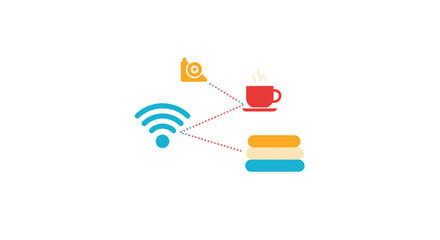 Fototapeta premium Vector icons of coffee, wifi, and pastry connected by lines
