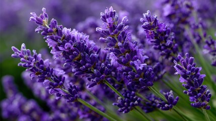 Obraz premium Close-up of vibrant purple lavender flower sprigs with dew drops, showcasing natural beauty and botanical detail in soft morning light.