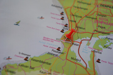 Naklejka premium View of Ngurah Rai International Airport, Bali Island on a geographic map, marked with a red pin