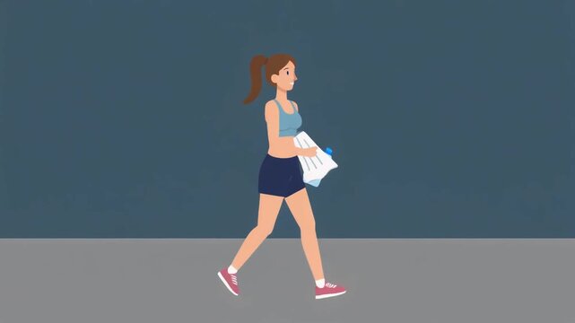 Cartoon illustration of a smiling fit young woman walking in sports attire holding a gym towel after her exercise workout vector graphic design
