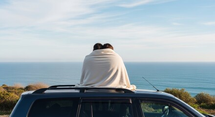 Fototapeta premium Romantic couple wrapped in a white blanket sitting on a car roof looking at the blue ocean. Rear view of travelers enjoying the sea view during a coastal road trip.