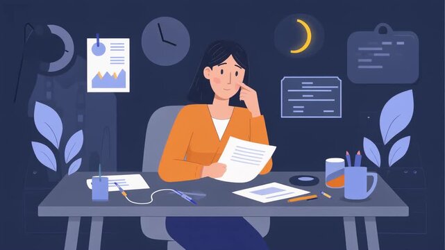 Dedicated female employee managing her workload and paperwork during overtime hours in a corporate dark office illustration