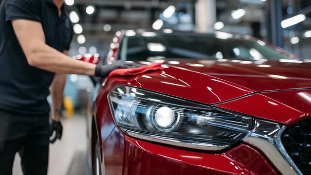 375Close-up of hand and red cloth cleaning a headlight, soft ambient shadows on glossy surface, gloved hand pressing gently, dim garage light reflecting off polished curves, professio