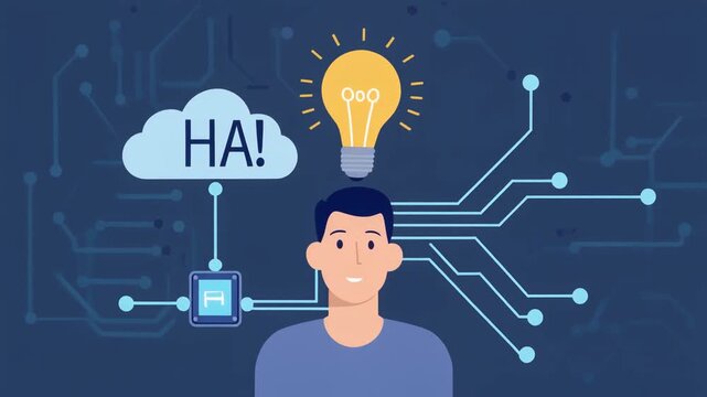 AI generated idea concept illustration happy man smiling with light bulb above head connected to cloud computing and data processor chip on futuristic circuit board