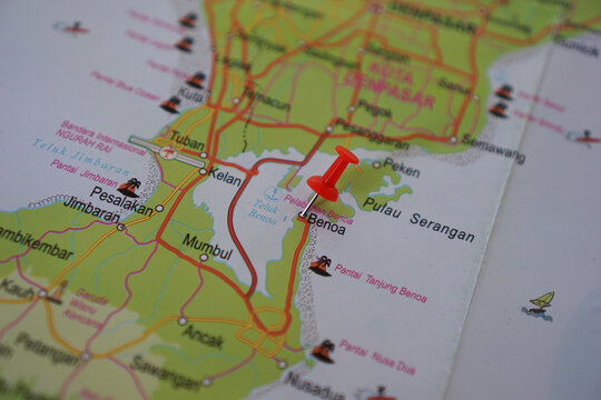 view of Benoa Bay, Benoa Harbor, Benoa, Bali Island on a geographical map, marked with a red pin
