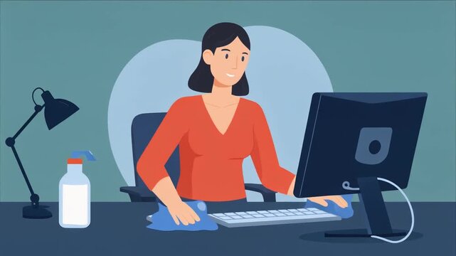 Clean desk policy smiling female employee disinfecting office or home workspace computer keyboard and monitor with sanitizing liquid illustration