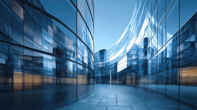 Modern glass architecture curves create a futuristic urban environment with reflection