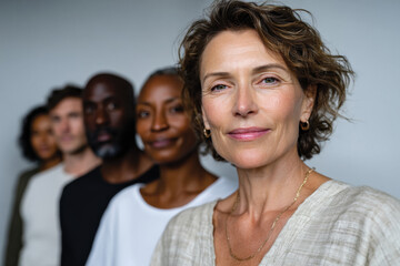 Fototapeta premium A line of four individuals, with a smiling and determined look, showcasing the strength of unity and the beauty of diversity in a contemporary setting.