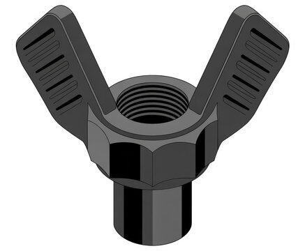 Gray wingnut with threaded rod and winged metal hardware isolated on a transparent background