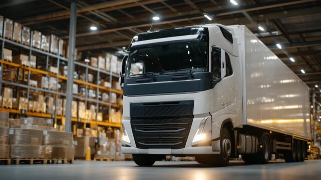 391Truck parked in spacious warehouse at sunset, warm ambient light illuminating metallic surfaces, high ceilings and cargo shelves creating depth, industrial logistics aesthetic