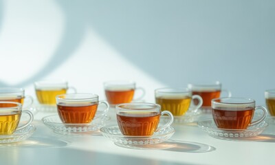 Array of glass teacups with amber liquid on a white surface with shadows