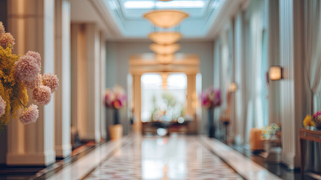 Soft blurred luxury hotel lobby with beautiful floral arrangements and chandeliers