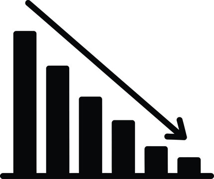 Silhouette vector graph showing downward trend with decreasing bars and arrow
