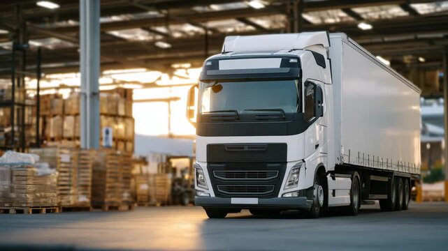 396Modern transport truck parked inside warehouse, dusk sunlight streaming through open doors, pallets and industrial equipment softly blurred in background, cinematic and professiona
