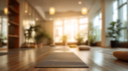 Softly blurred yoga studio interior with mats and natural light.