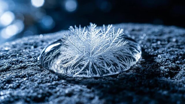 A delicate ice crystal forms in a frozen droplet on a textured surface, captured in a close-up, macro view, showcasing intricate details.