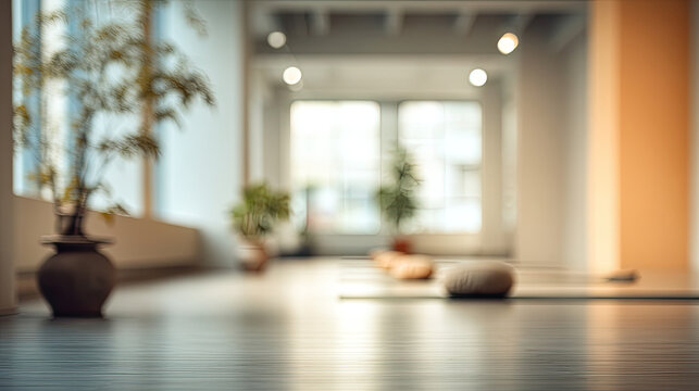 Soft and blurred interior of a bright yoga studio with plants