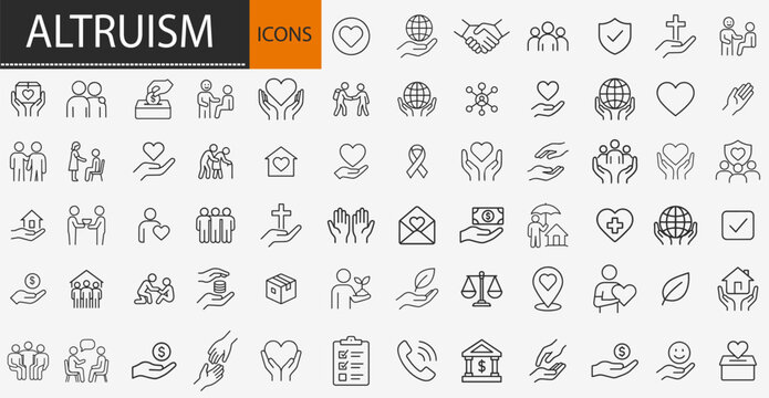 Altruism and charity icons set, thin line kindness donation social support and volunteer humanitarian aid vector illustration
