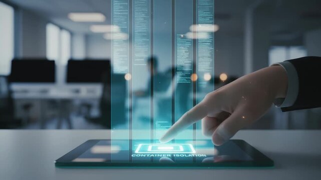 Ai developer programming coding technology container isolation interface hologram concept tablet screen modern office futuristic secure container