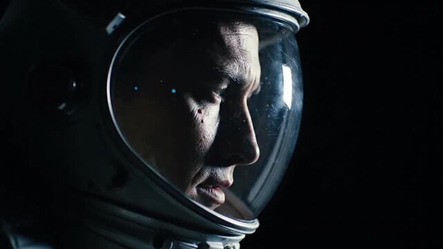 Close-Up Portrait of a Lone Astronaut in a Helmet Gazing into the Cosmos Above.