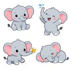 Cute cartoon elephant set playful joy