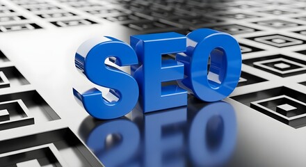 Three dimensional bright blue letters spelling out the acronym seo prominently stand on a highly reflective surface against a background featuring a contrasting black and white maze or grid pattern re