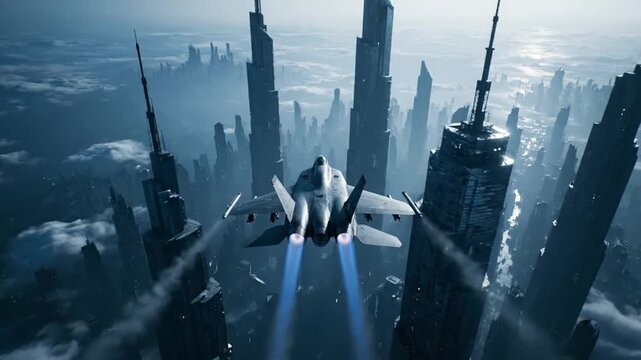Futuristic Cityscape with a Jet Flying Between Skyscrapers.
