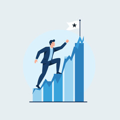 Obraz premium Businessman climbs upward trending bar chart graph toward a success flag indicating career achievement and progress.