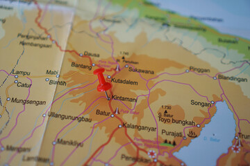 Obraz premium view of Road of Kintamani, Bali Island, Indonesia on a geographic map, marked with a red pin