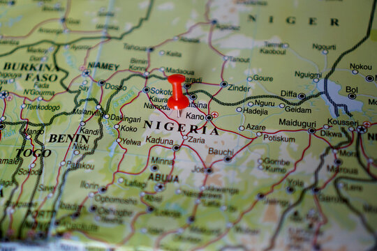 view of map Nigeria , one of the country of Africa, on geographical map of Africa, marked with red pushpin