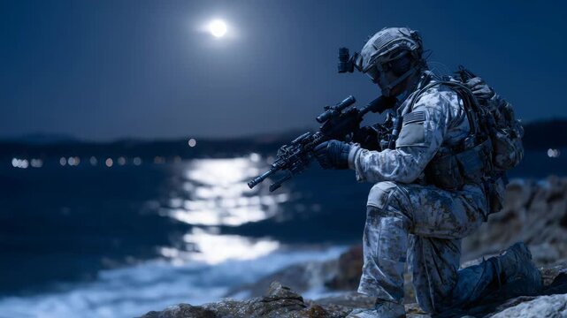 439Epic cinematic composition, Navy SEAL in full combat gear kneeling at water&rsquo;s edge, dim moonlight reflecting on waves, scuba tanks, weapons, and tactical equipment detailed, convey