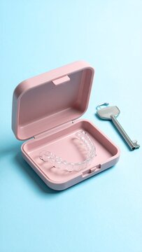 Clear dental aligner in a pink case with a key on a light blue background.