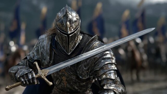 446Close-up of knight gripping sword in mid-charge, polished plate armor reflecting dust and light, banners whipping in stormy wind, horses and cavalry silhouettes in background, epic