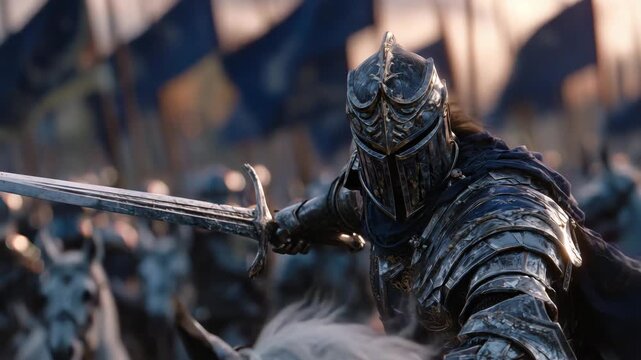 447Close-up dramatic action, knight raising sword above head, visor reflecting battlefield flames, banners whipping in wind, horses and soldiers rushing into battle, cinematic heroic