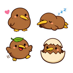 Cute kiwi bird cartoon character playful sleep happy egg