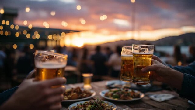 A lively group gathering at sunset, glasses of golden beer raised in celebration, plates of delicious food on a rustic table, warm orange and pink sky in the background, joyful soc