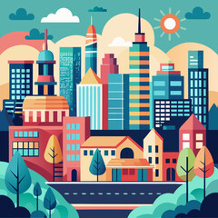 Colorful Urban Cityscape Illustration with Buildings and Sun