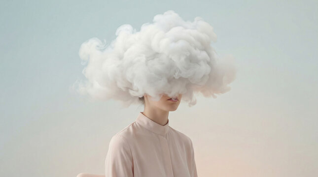 Head in the Clouds. Surreal conceptual portrait. Woman instead of a head is a large fluffy white cloud and smoke. Part of the girl's face is visible. Pastel monochrome background
