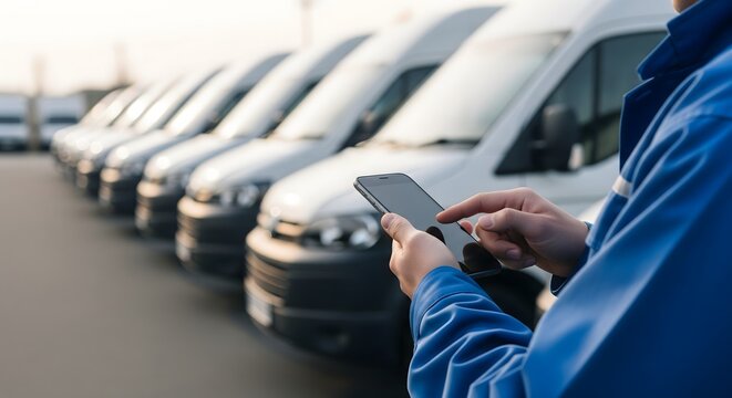 Fleet Management with Delivery Vans and Mobile Technology, Logistics Tracking and Transportation Operations, Smart Dispatch System, Commercial Vehicle Management Concept