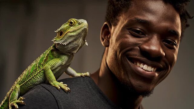 Man smiling with green reptile on shoulder. Exotic animal, happy.
