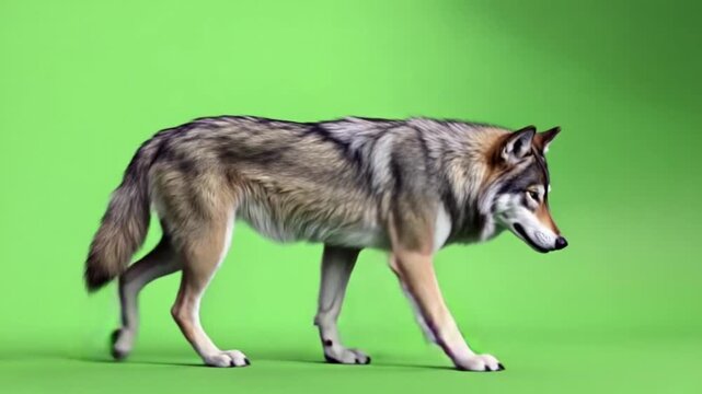 Gray wolf walks on green screen with detailed fur texture