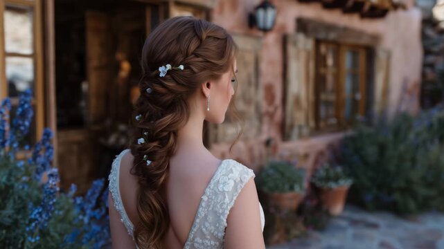 Back view of a romantic bridal hairstyle, cascading braids adorned with flowers, loose tendrils, glossy and voluminous texture, dreamy and timeless wedding look