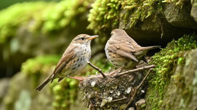 Two small brown birds, possibly dunnocks, at a nest on a mossy rock wall, one feeding the other.