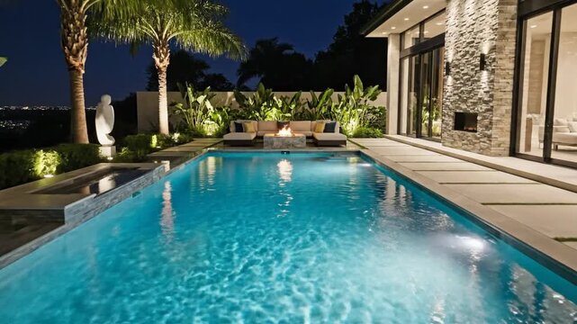 Modern luxury backyard swimming pool illuminated at night with palm trees, fire pit lounge area, and sleek patio furniture, perfect for upscale outdoor relaxation