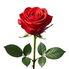 Fototapeta premium Single red rose with green leaves isolated on white background