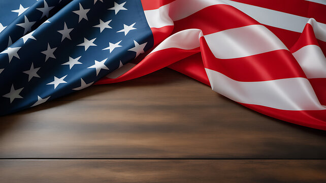 American flag draped over a wooden surface, showcasing stars and stripes in a patriotic display