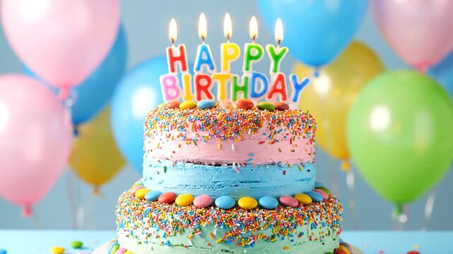 Colorful birthday cake with candles and balloons creating a festive celebration scene.