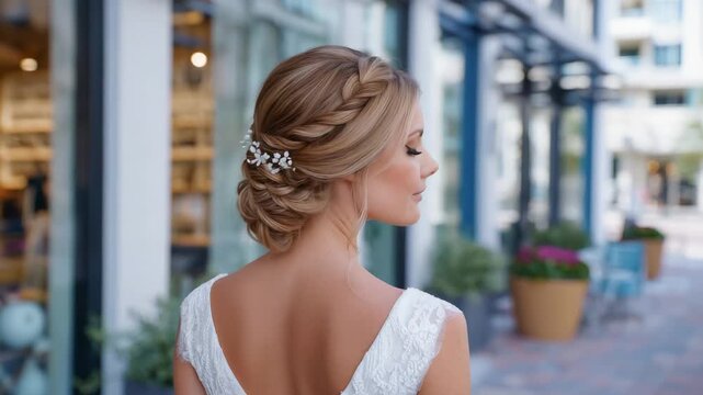 Close-up of a bridal updo featuring detailed braiding, tiny floral accents tucked into the hair, subtle highlights and soft waves, sophisticated and timeless wedding style
