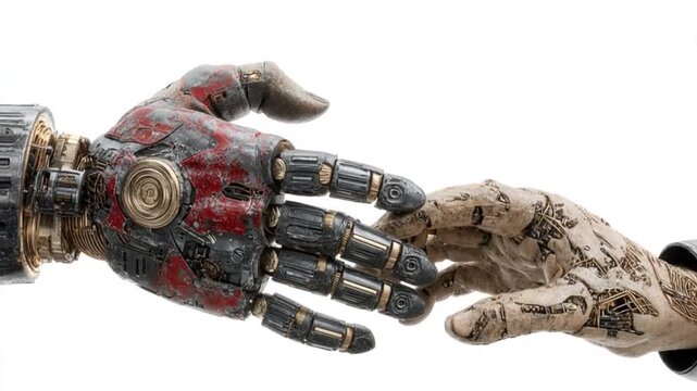 Mechanical Meeting: A robotic hand and a human hand extend towards each other, symbolizing connection, the fusion of innovation, and bridging the gap between technology and humanity.