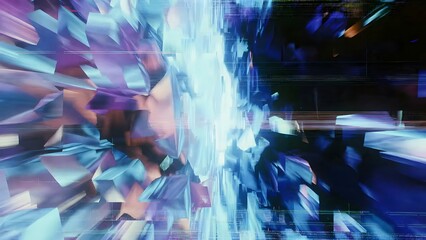 Fototapeta premium A vibrant and dynamic abstract background features a central explosion of glowing light shattering into numerous blue and purple technological fragments.